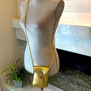 Gold Metallic Croc Embossed Faux Leather Mini Crossbody Bag EUC